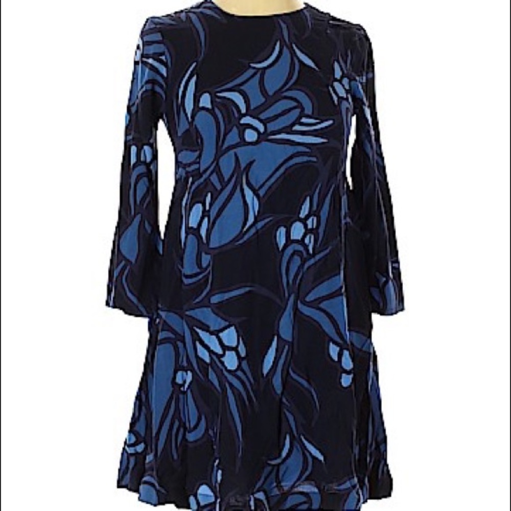 H&M 💙 blue retro A-line floral dress 3/4 sleeve